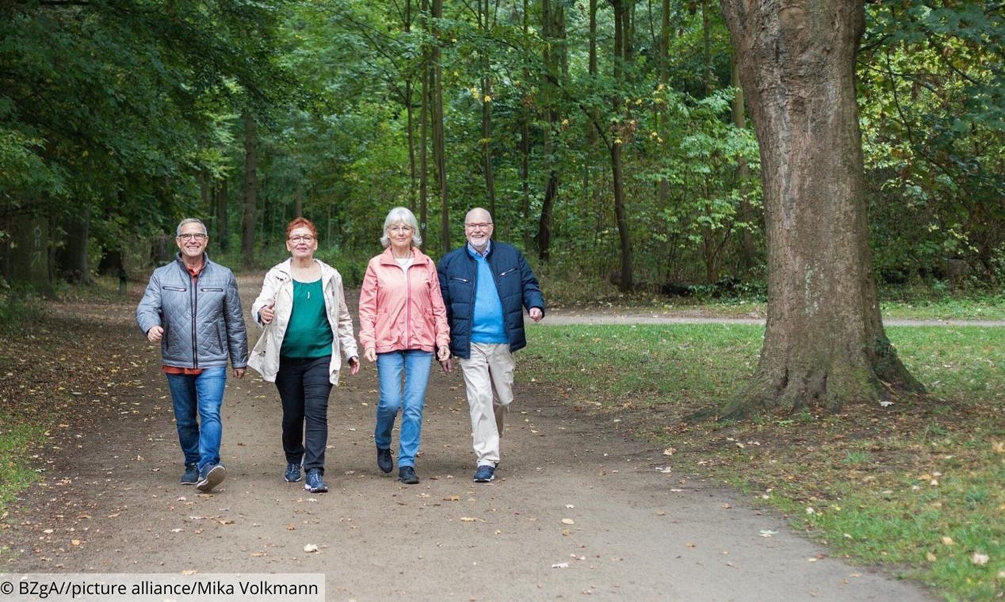 4 ältere Menschen gehen spazieren