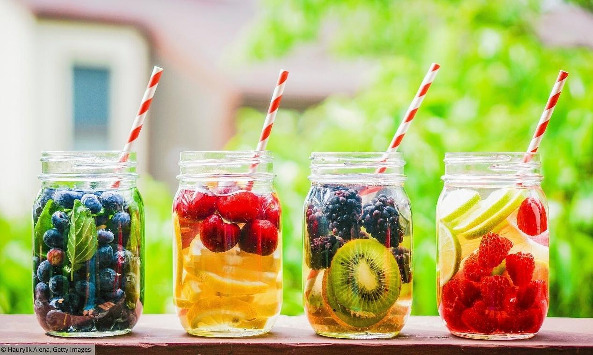 4 Gläser mit Früchten aufgfüllt mit Wasser