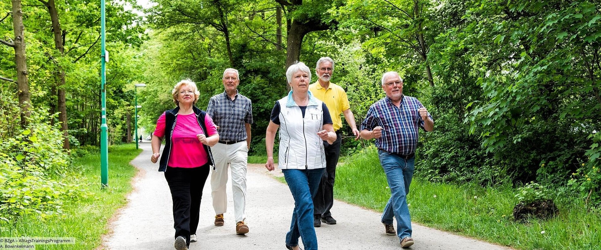 Gruppe mit Seniorinnen und Senioren beim Walking