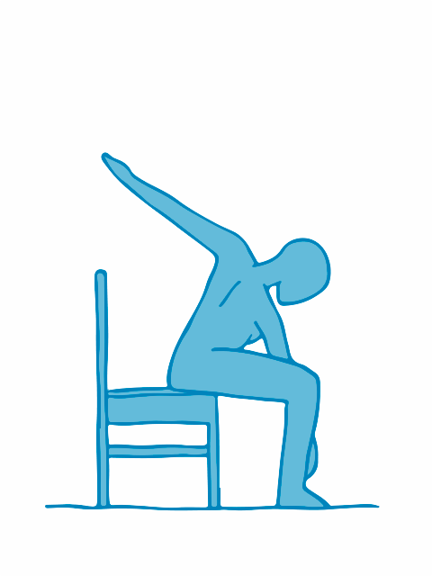 Bewegte Grafik: Streckung eines Armes nach hinten oben und Berührung des Knöchels mit anderem Arm ; auf Stuhl sitzend